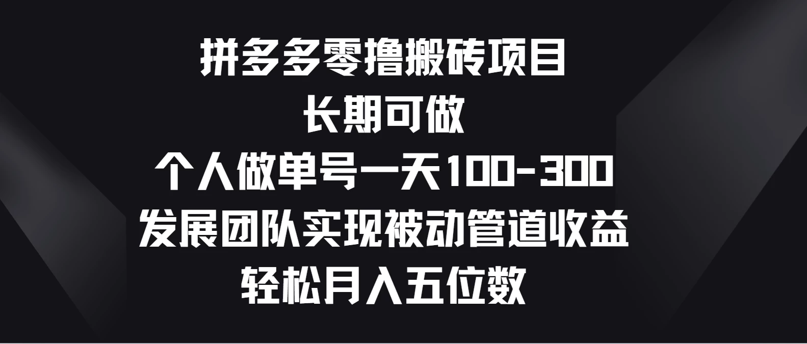 拼多多零撸搬砖项目，长期可做，个人做单号一天100-300，发展团队实现被动管道收益，轻松月入五位数 - 项目资源网